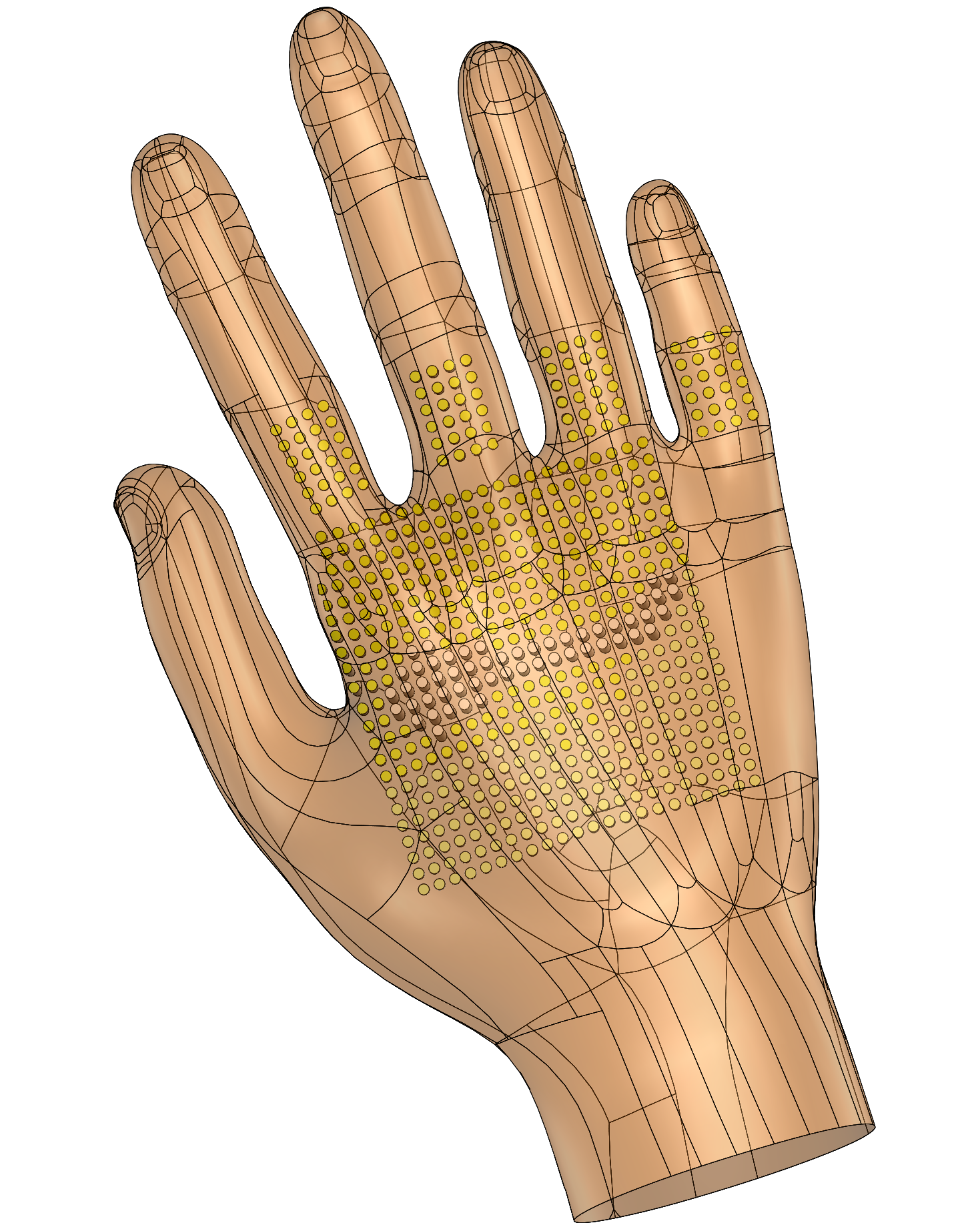An array of small, cylindrical pins prompts users to position their hand to grasp a desired object. The photo shows a graphic image of the glove's technology. Yellow dots represent the cylindrical pins. There is a square patch on the palm of yellow dots and additional ones on the finger.